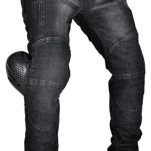 Detail of abrasion-resistant motorcycle jeans with honeycomb protective knee sliders