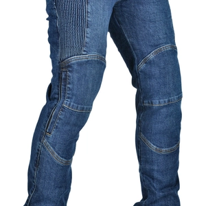 Close-up of motorcycle jeans featuring accordion stretch panels and knee protector pockets