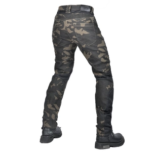 Detail view of motorcycle riding pants with blue camouflage and protective back panels