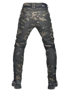 Dark camouflage motorcycle riding pants with breathable mesh and protective knee pleats