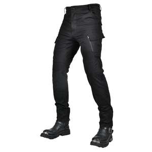 Men's black slim-fit motorcycle cargo pants with tactical multi-zipper pockets