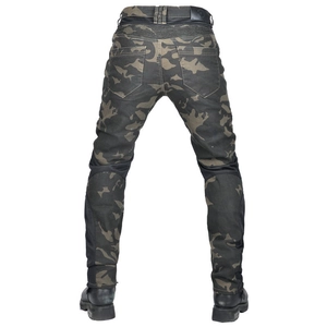 Close-up of camouflage motorcycle jeans featuring elastic stretch panels and durable fabric