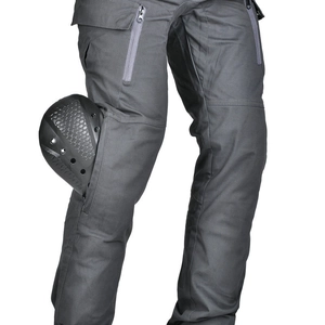 Grey motorcycle riding pants with reinforced knee pads and tactical zipper pockets