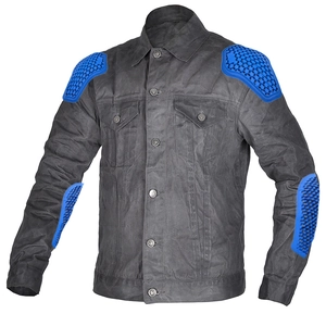 Detail of a grey waxed motorcycle jacket featuring blue honeycomb external shoulder armor