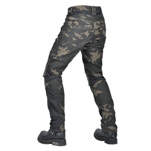 Detail of blue camo motorcycle jeans with flexible stretch panels and protective knee pads