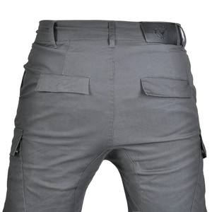 Detail of dark grey cargo motorcycle pants showing back pockets and leather waist patch