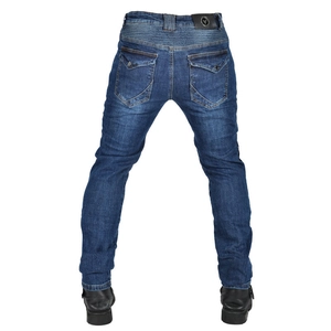 Detail of blue motorcycle jeans featuring back accordion stretch panels and leather logo