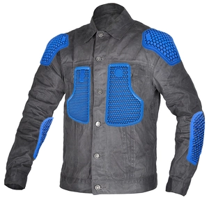 Detail of dark grey retro motorcycle jacket with blue honeycomb protective armor pads