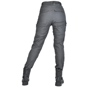 Close-up of slim fit grey motorcycle cargo pants with reinforced stitching and leather waist patch