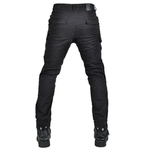 Rear view of black cargo motorcycle pants with utility pockets and adjustable ankle cuffs