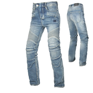 Men's blue motorcycle jeans with protective knee pads and stretch accordion panels