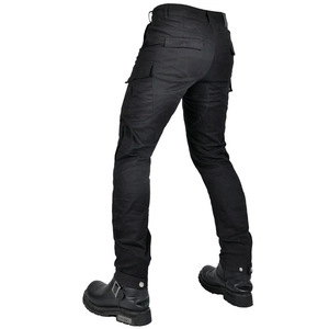 Rear view of black men's motorcycle cargo pants with functional pockets and slim fit design