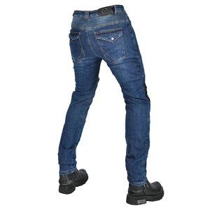 Detail of blue motorcycle jeans with elastic rear waist panel and protective armor slots