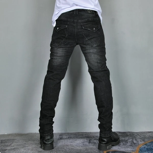 Men's retro biker jeans in black with protective padding and vintage pleated details