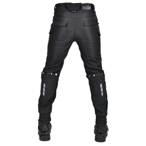 Rear view of black motorcycle pants with triple reflective strips and buckle knee straps