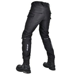 Detail of black motorcycle cargo pants with 3-segment reflective strips on the back legs