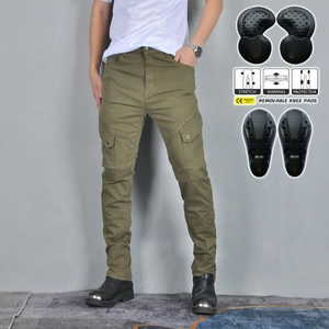Detail of olive motorcycle pants with stretch panels and removable CE knee protectors