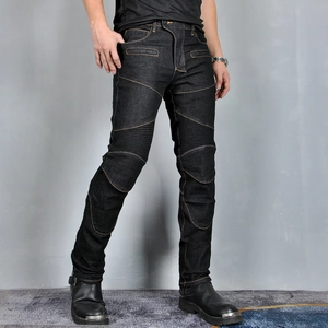 Men's slim-fit motorcycle jeans with stretch accordion panels and protective patches