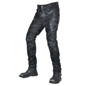 Detailed view of dark camouflage motorcycle jeans with flexible accordion stretch at the knee