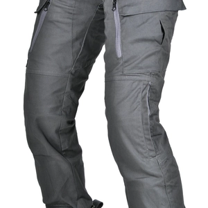 Detail of high-waist motorcycle cargo pants showing side zipper pockets and knee armor slots