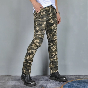 Slim fit men's camouflage motorcycle jeans with protective knee pleats and stretch fabric