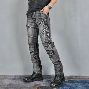 Detail view of men motorcycle jeans with protective denim and metal zipper pockets