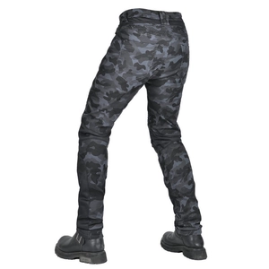 Rear view of camouflage motorcycle pants with elastic stretch panels for rider comfort