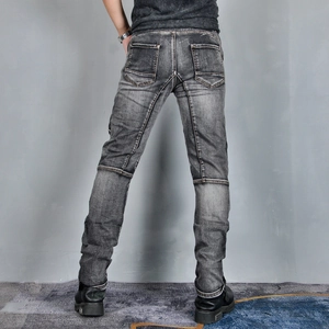 Mens dark grey slim fit motorcycle jeans with protective knee panels and washed denim finish