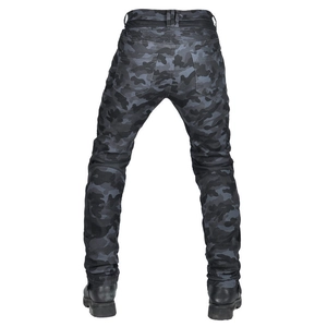 Detail of gray camouflage motorcycle pants with accordion stretch panels for flexibility