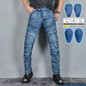 Detail of motorcycle jeans featuring stretch panels and removable protective knee pads