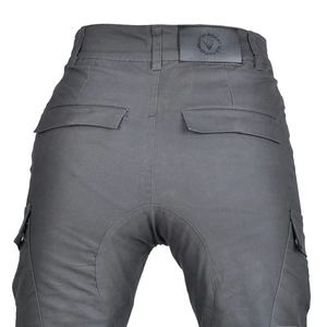 Detailed view of women's motorcycle cargo pants featuring rear pockets and leather brand tag