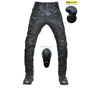Detail of blue camo motorcycle jeans with CE protective pads and stretch panels