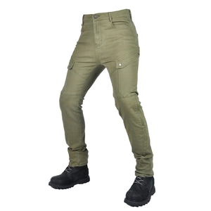 Detail of army green motorcycle cargo pants showing side pockets and knee stitch reinforcement