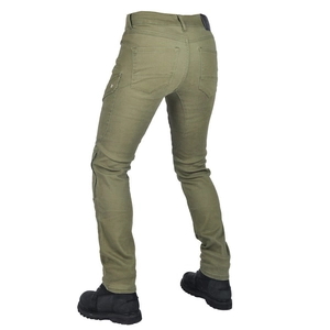 Detail view of olive green motorcycle jeans with side zipper pockets and cargo style back