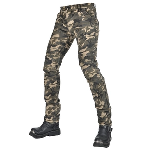 Detail of camouflage motorcycle pants featuring accordion stretch panels at the knees