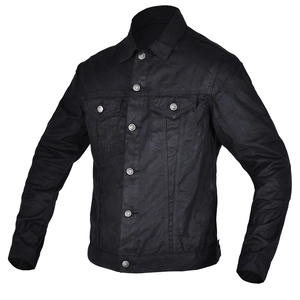 Men's retro black waxed denim motorcycle jacket with utility chest pockets and classic collar
