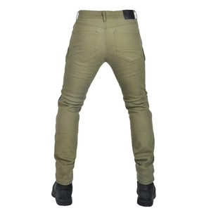 Macro view of army green motorcycle jeans with reinforced back pockets and leather waist patch