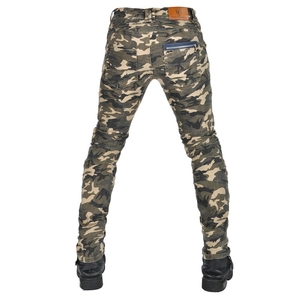 Men's slim fit camo motorcycle jeans with protective pads and ribbed stretch panels