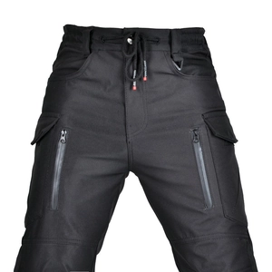 Detailed view of motorcycle cargo pants with elastic waist, drawstrings and side pockets