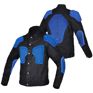 Men's retro black canvas motorcycle jacket with blue external honeycomb armor protection