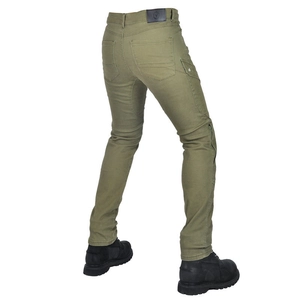 Detail of military green motorcycle cargo pants with reinforced stitching and utility pockets