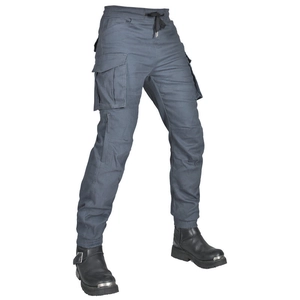 Detail of dark blue motorcycle cargo pants with elastic drawstring waist and large pockets