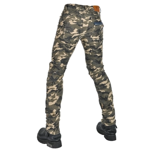 Rear view of camouflage motorcycle pants featuring elastic pleated panels and zip pockets