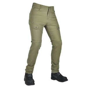 Detail of military green tactical motorcycle pants featuring cargo pockets and knee protection