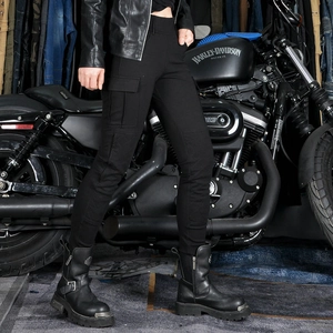 Women's slim fit motorcycle cargo pants in black with multi-pocket design and protective fabric