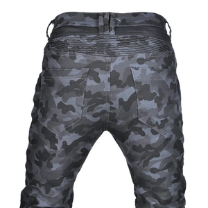 Detailed back view of camo motorcycle pants with flexible accordion stretch panels