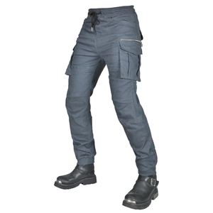 Detail view of motorcycle cargo pants with side pockets and metal zippers in dark grey