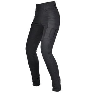 Women's black tactical motorcycle pants with cargo pockets and protective knee panels