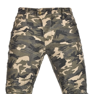 Detail of camouflage motorcycle jeans featuring reinforced pleated knees and metal button