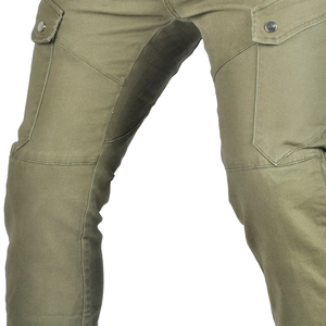 Detail of army green motorcycle cargo pants with reinforced stitching and side flap pockets